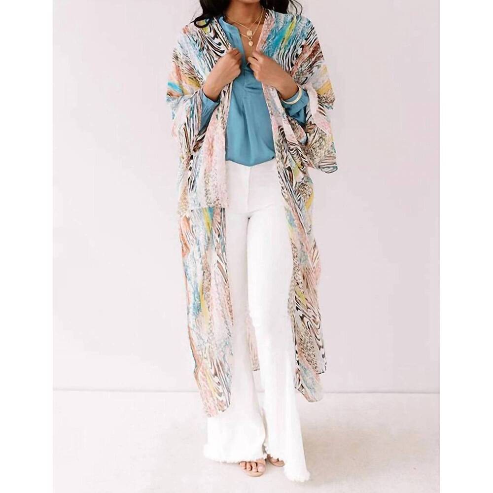 NEW UMGEE women's cabana beach kimono in peach/teal